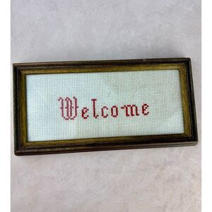 Vintage Welcome Framed Cross Stitch Cottagecore 1970s